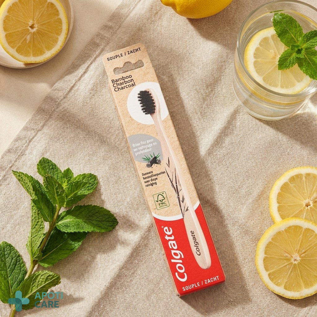 A flat lay of spring detox elements: a lemon, fresh mint leaves, a glass of water, and a bamboo toothbrush on a linen cloth