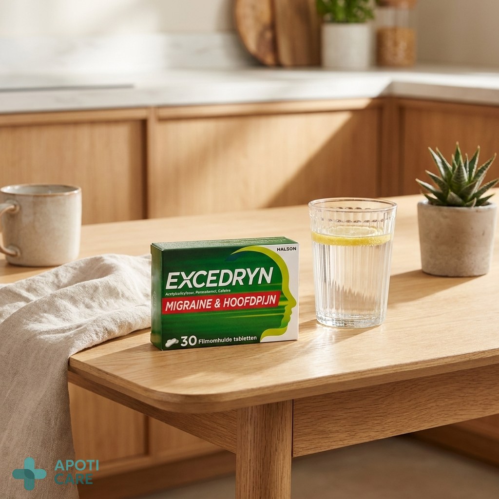 A professional pharmaceutical packaging on a clean white surface with a glass of water nearby, healthcare concept