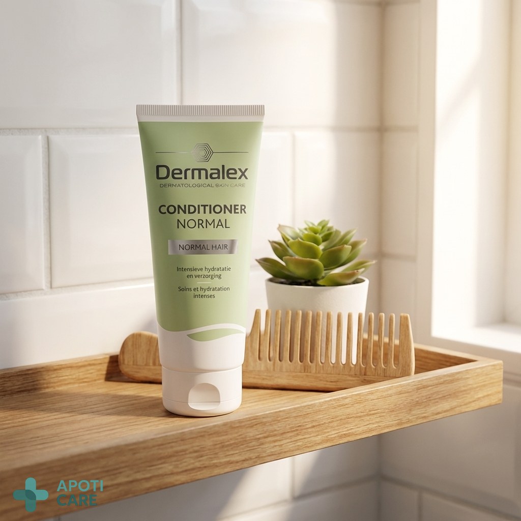 A minimalist bathroom shelf with a bottle of hair conditioner, a wooden comb, and a small green plant, clean and premium atmosphere, realistic photography