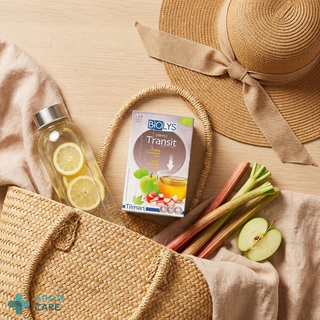 A flat lay of a summer beach bag containing a bottle of water, a sun hat, and a box of herbal tea, representing the transition to a healthy, light summer holiday.