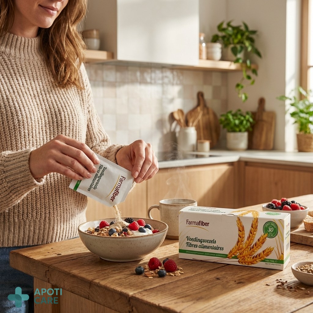 A person mixing a supplement sachet into a bowl of muesli and fruit, clean and modern kitchen background, focusing on the action of preparing a healthy meal.