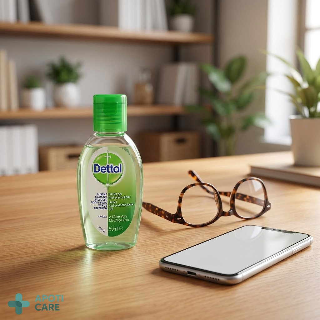 A small bottle of hand sanitizer next to a pair of glasses and a smartphone on a clean wooden table, evoking a sense of organized professional hygiene.