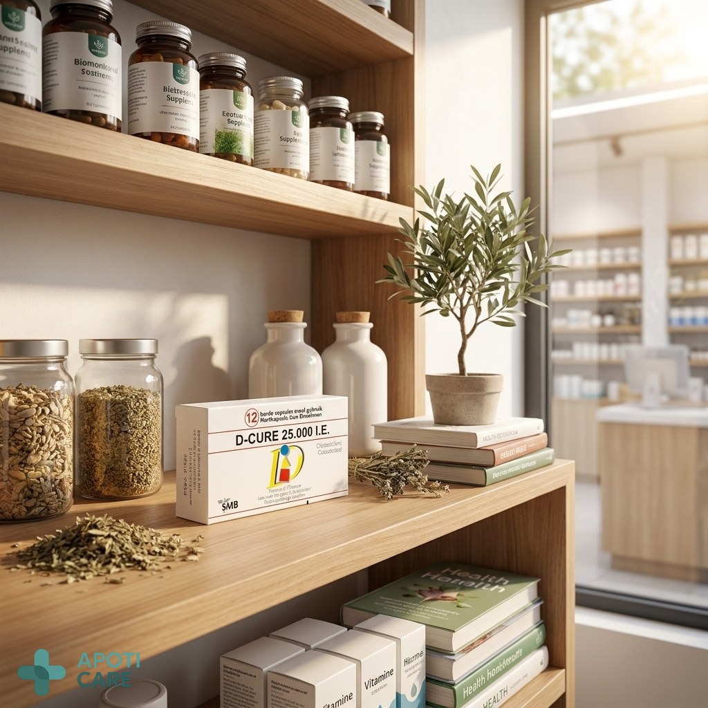 A minimalist, clean pharmacy shelf showing high-quality health supplements in a bright, modern environment.