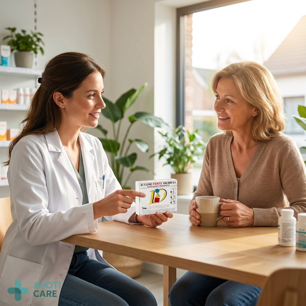 A clean, clinical pharmacy setting showing a professional consultation between a pharmacist and a patient, focusing on trust and expertise.