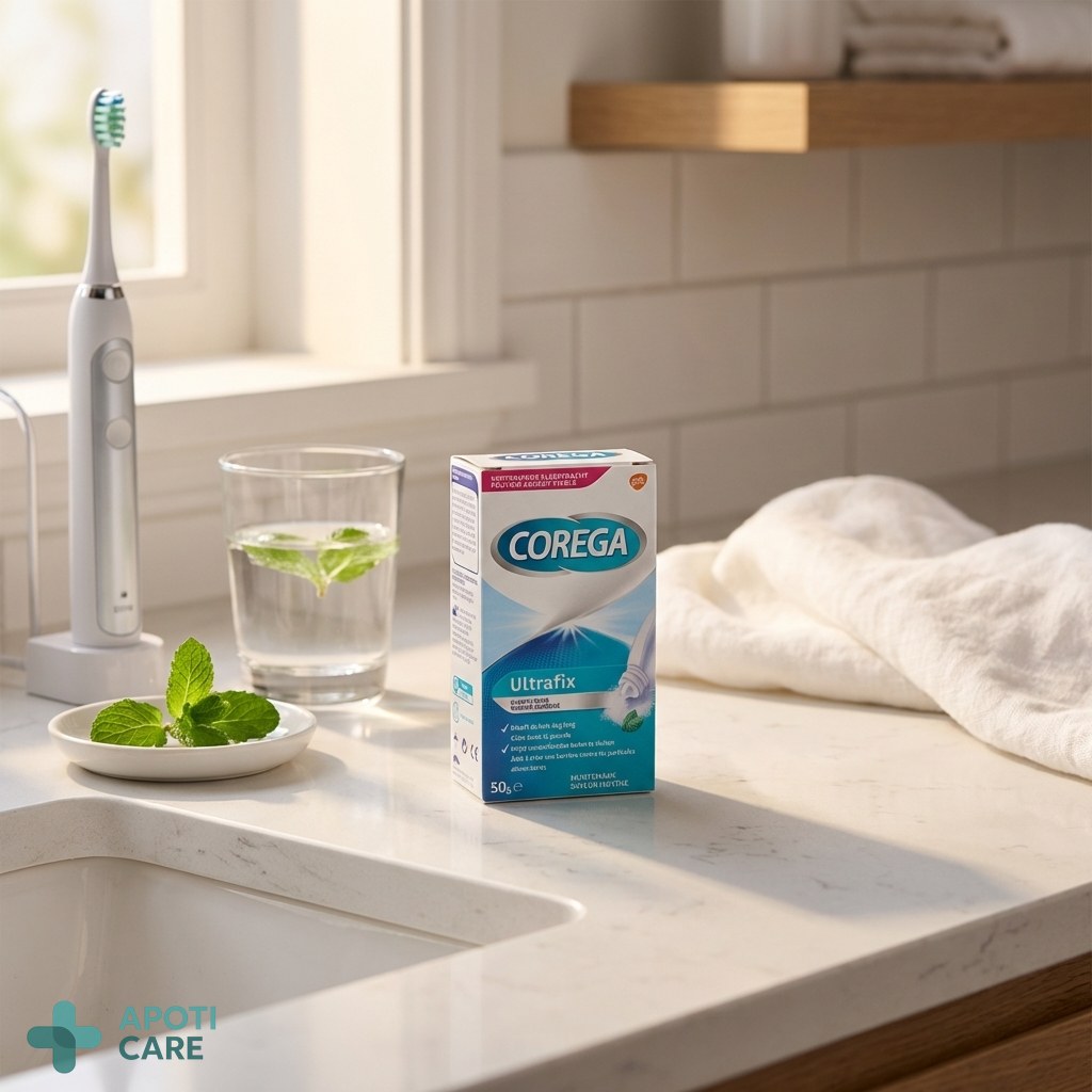 A close-up of a clean, clinical bathroom counter with a toothbrush and a glass of water, emphasizing hygiene and freshness