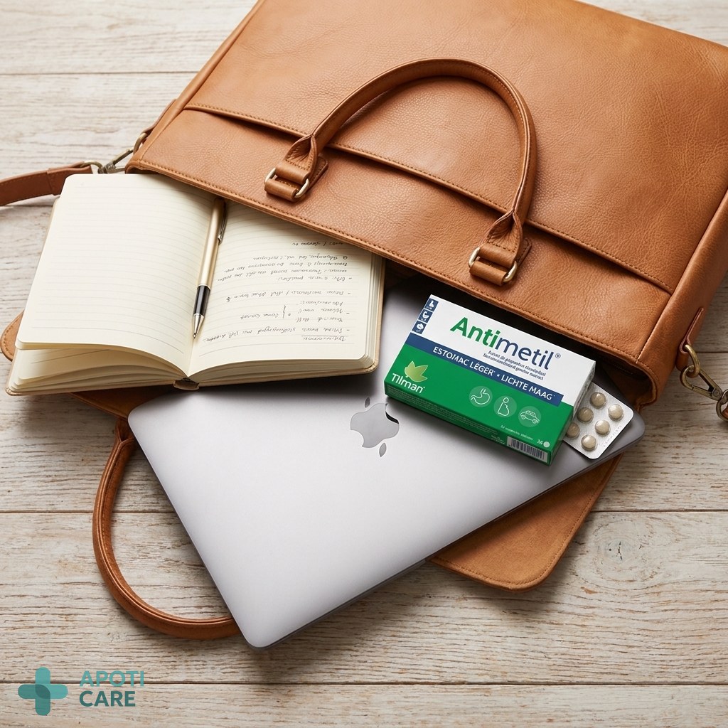 A flat lay of a professional bag showing a laptop, a notebook, and a small packet of supplements, organized and minimalist, realistic photography style