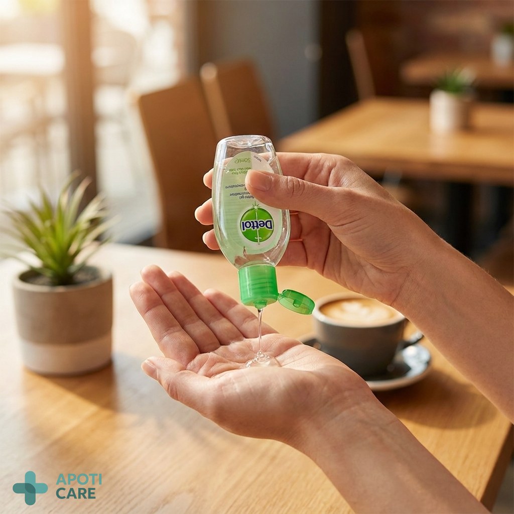A person's hands using a small bottle of hand sanitizer in a modern office or café setting, blurred background, clean and professional look.