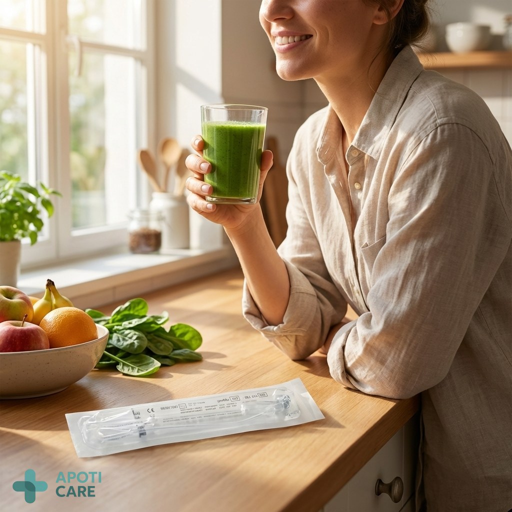 A person in their 30s enjoying a healthy green smoothie in a sunlit kitchen, looking refreshed, morning atmosphere, realistic photography