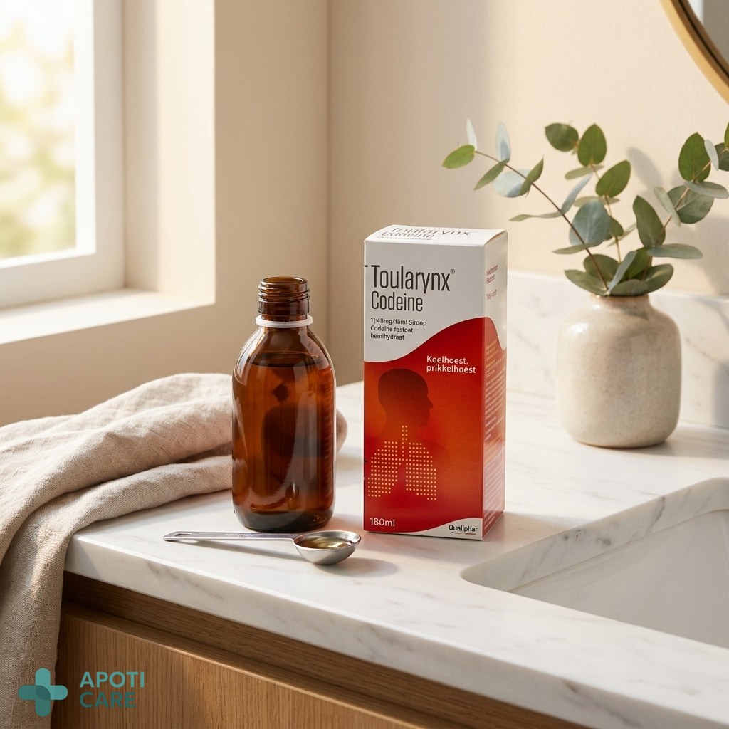 A glass bottle of cough syrup and a measuring spoon on a clean, white marble bathroom counter, minimalist and premium aesthetic, realistic photography