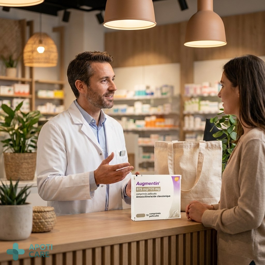 A modern pharmacy interior with a pharmacist in a white coat talking helpfully to a customer, warm lighting, professional atmosphere.
