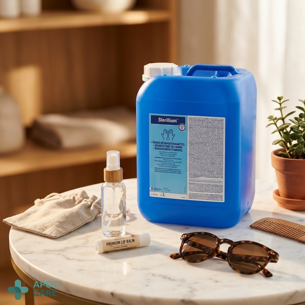 A clean, organized health kit for travel on a marble table, including a small refillable spray bottle, sunglasses, and a tube of lip balm.