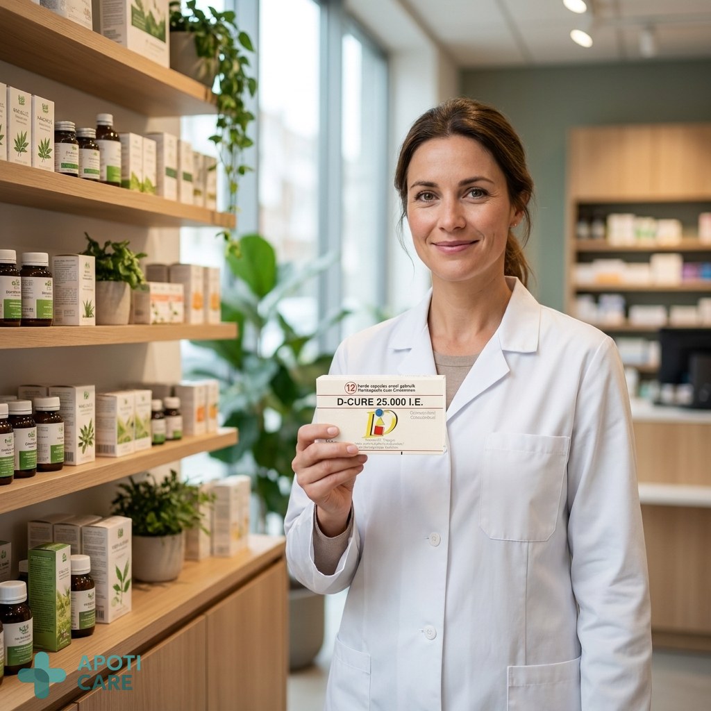 A professional pharmacist in a modern, premium pharmacy setting, holding a box of medicine with a helpful and reassuring expression. Realistic photography style.