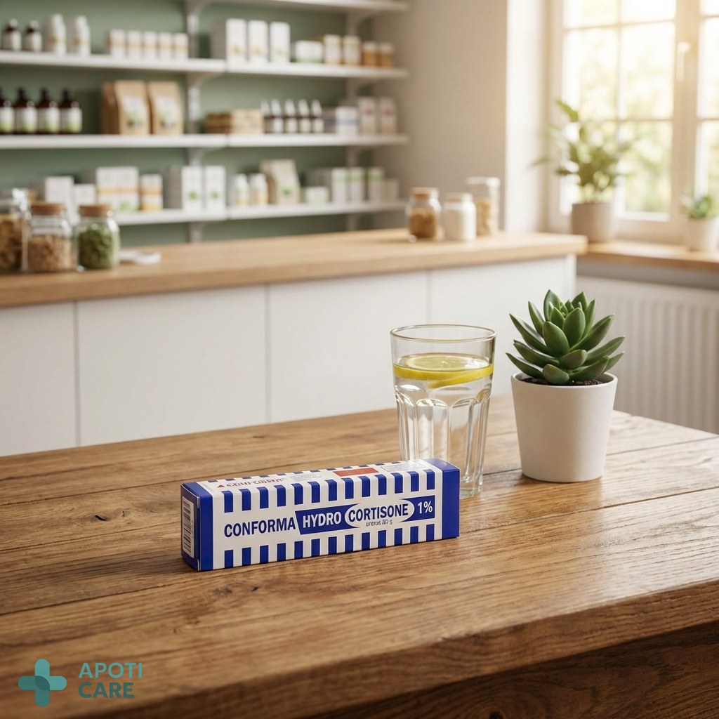 A clean, premium pharmacy environment, showing a small tube of cream on a wooden table next to a glass of water and a green plant, symbolizing health and natural balance, realistic photography style