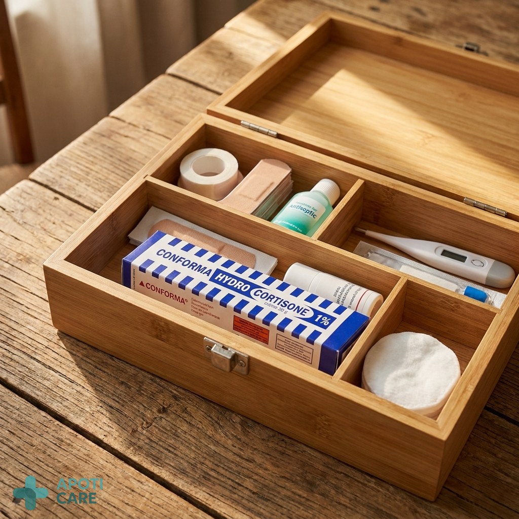 A professional wooden first-aid kit or travel pouch organized with health essentials on a rustic table