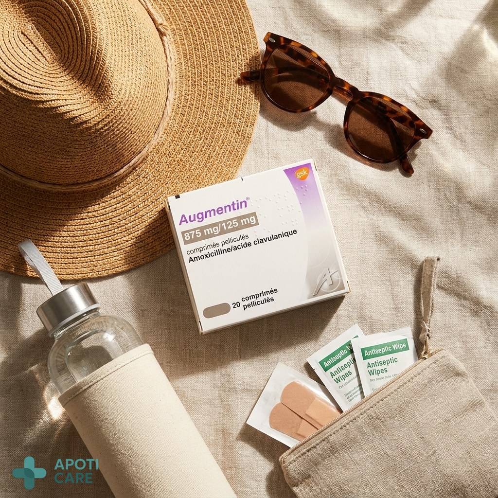 A flat lay of a summer travel kit including a hat, sunglasses, a bottle of water, and some basic pharmacy essentials on a linen surface.