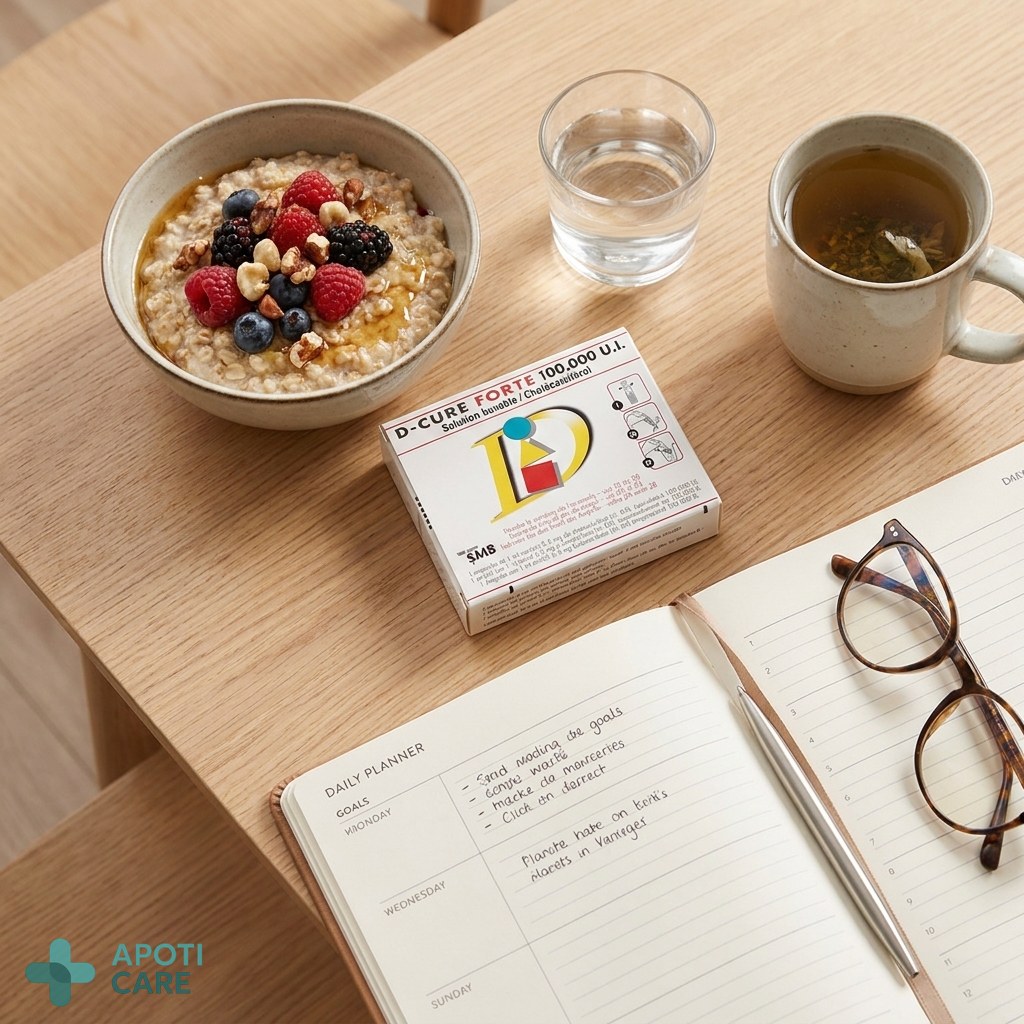 A flat lay of a planner, a healthy breakfast, and a small box of D-cure on a clean, modern desk.