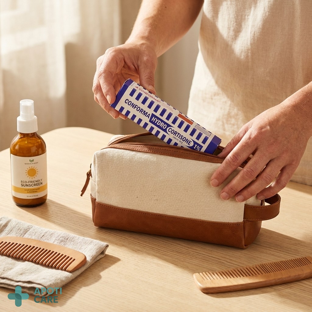A person in their 30s packing a travel kit with eco-friendly sunscreen and dermatological products, minimalist and high-end aesthetic.