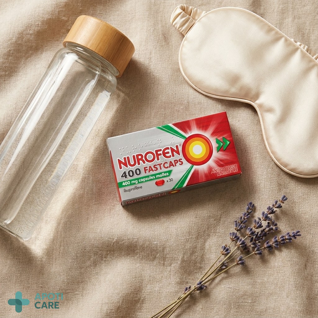 A flat-lay photograph of wellness essentials: a high-quality water bottle, a small pack of Nurofen Fastcaps, a silk eye mask, and a sprig of dried lavender.
