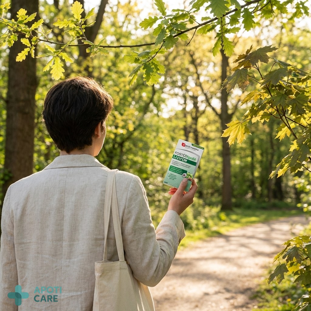 A person from behind, walking in a green park with sunlight filtering through young leaves, representing vitality and a fresh start.