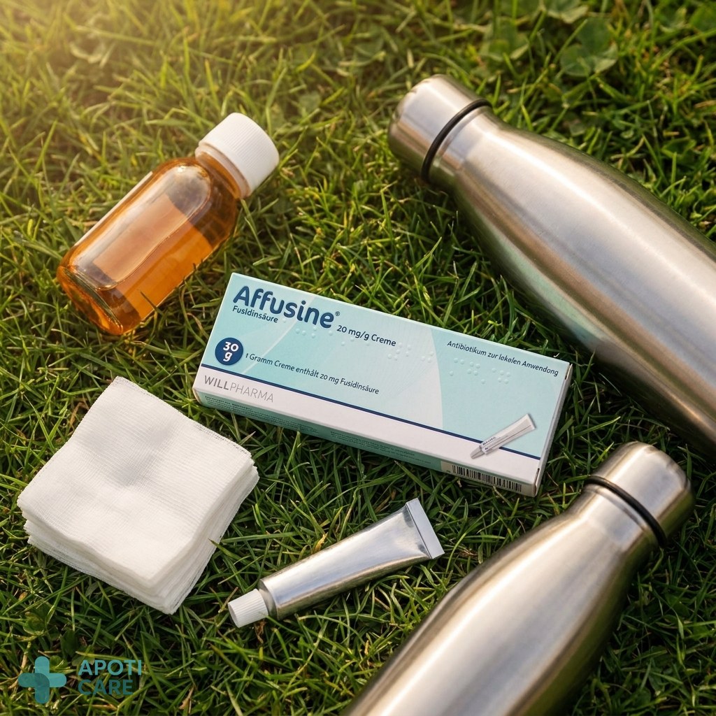 A flat lay of a first aid kit for hiking: antiseptic, sterile pads, a tube of cream, and a water bottle, placed on a green grass background.