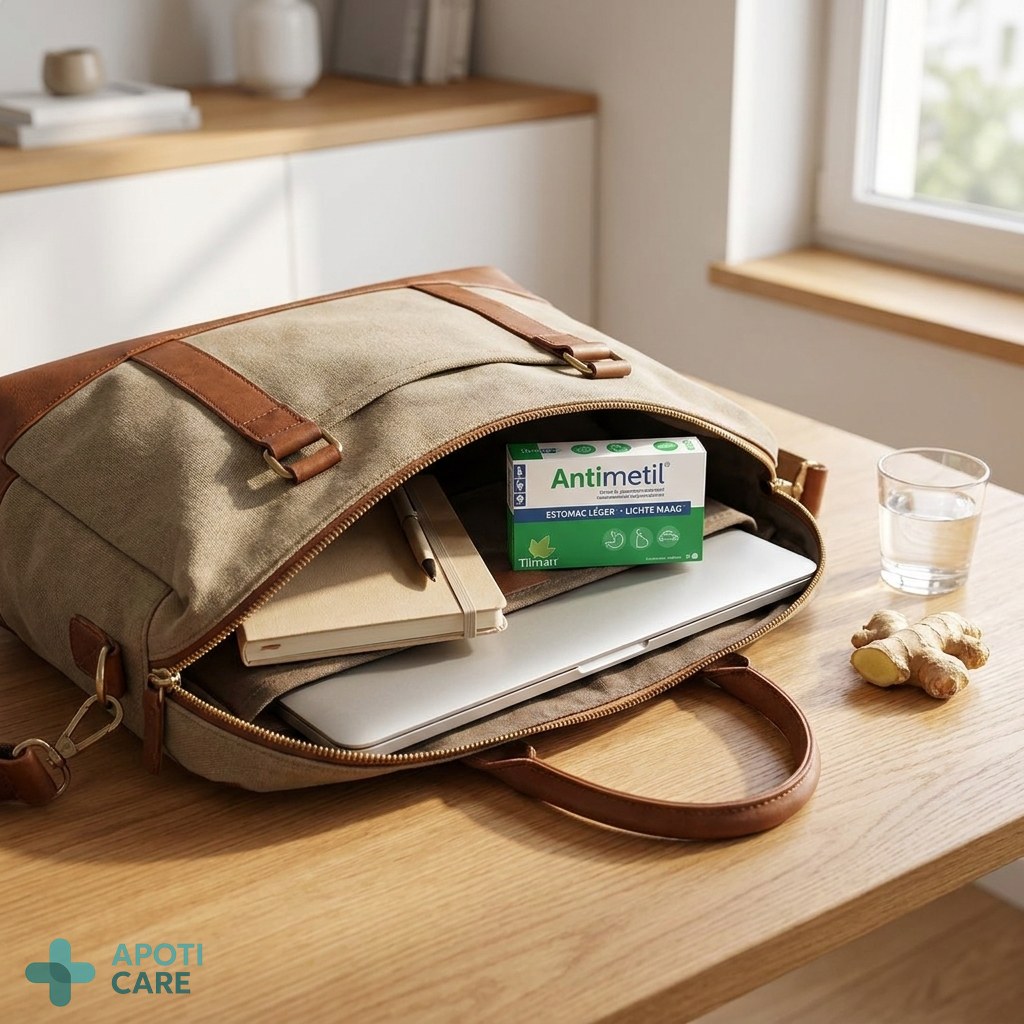 A sleek, professional travel bag open on a desk, containing a laptop, a notebook, and a small box of natural supplements.