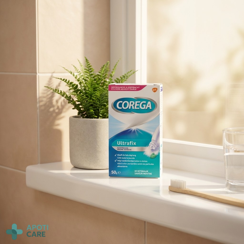 A close-up of the Corega Ultrafix 50g packaging placed neatly on a white bathroom shelf next to a green plant, clean and professional lighting.