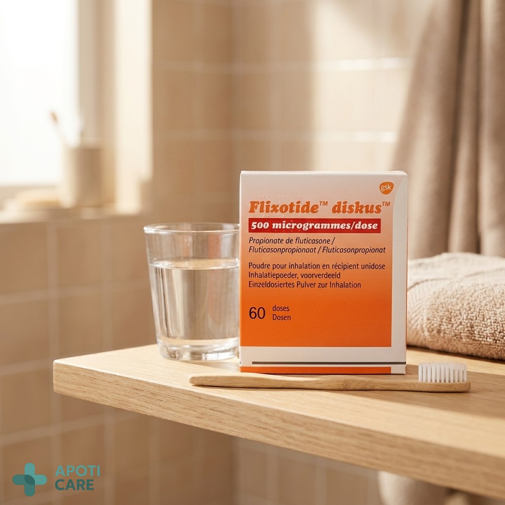 A clean, minimalist bathroom shelf with a glass of water, a toothbrush, and a Diskus inhaler, emphasizing the routine of post-inhalation rinsing.