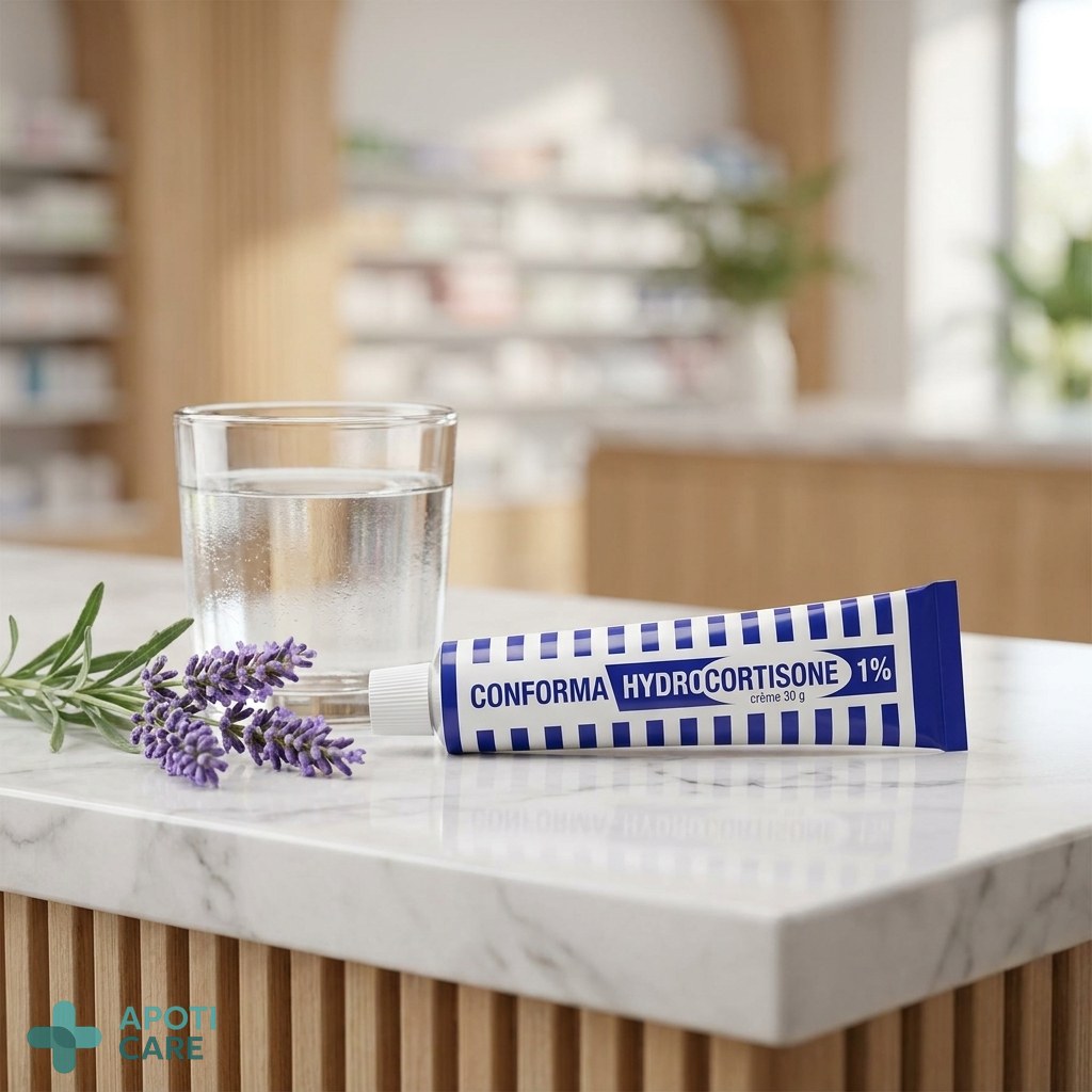 A clean, clinical but premium-looking environment showing a tube of cream on a white marble surface next to a glass of water and a sprig of lavender.
