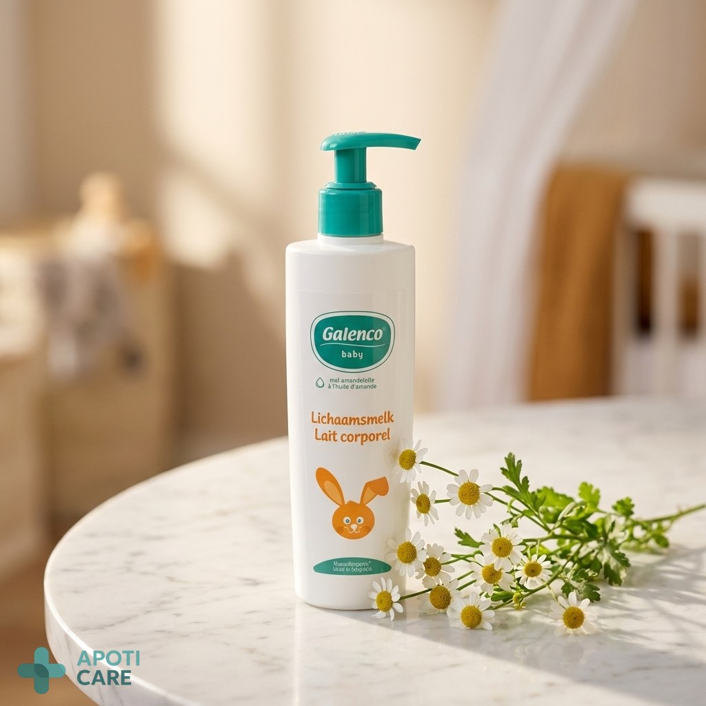 A transparent bottle of baby lotion on a clean, white marble surface next to a sprig of fresh chamomile, highlighting the purity and pharmaceutical quality of the product.