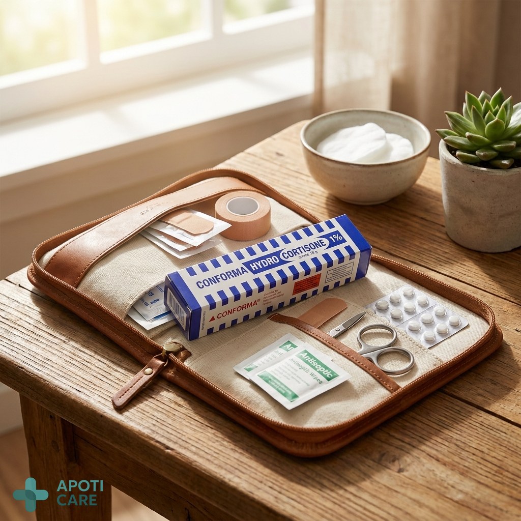 A well-organized travel first-aid kit on a wooden table, featuring various health essentials and a tube of cream, lifestyle photography style.