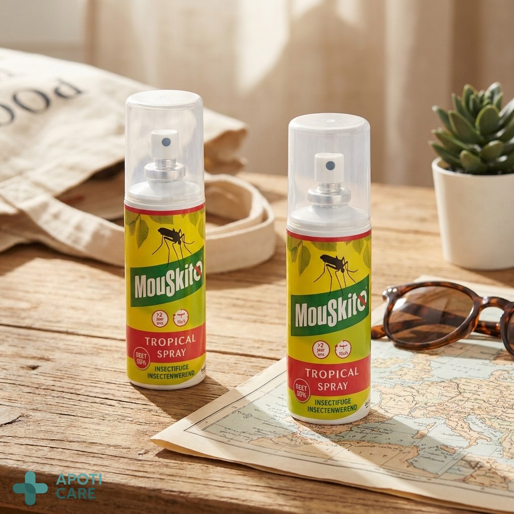 Close up of a high-quality repellent spray bottle on a wooden table next to a map and sunglasses, realistic photography, travel aesthetic