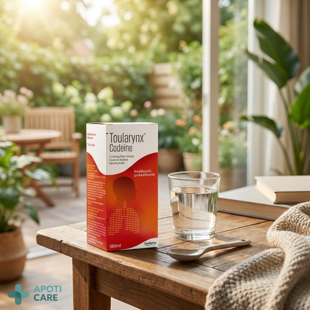 A bottle of cough syrup placed on a clean wooden table next to a glass of water, with a blurred background of a sunny garden or balcony, realistic photography