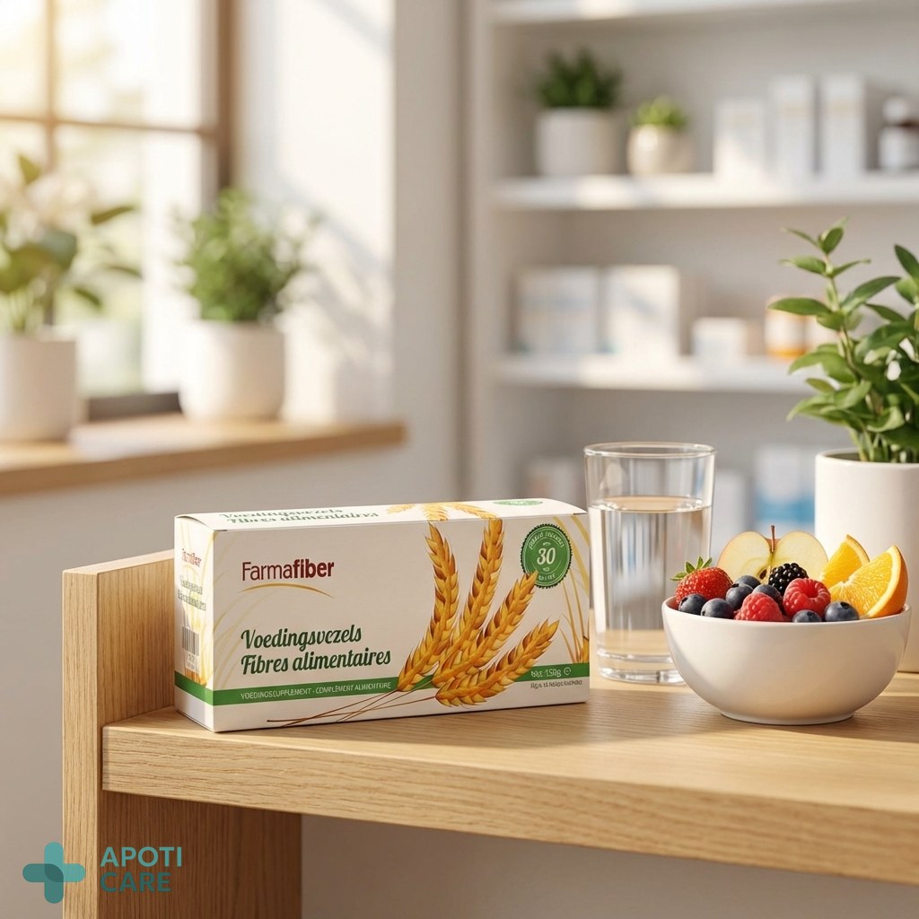 A clean, minimalist pharmacy shelf showing a box of Farmafiber next to a glass of water and a bowl of fresh fruit, bright and healthy atmosphere, realistic photography style