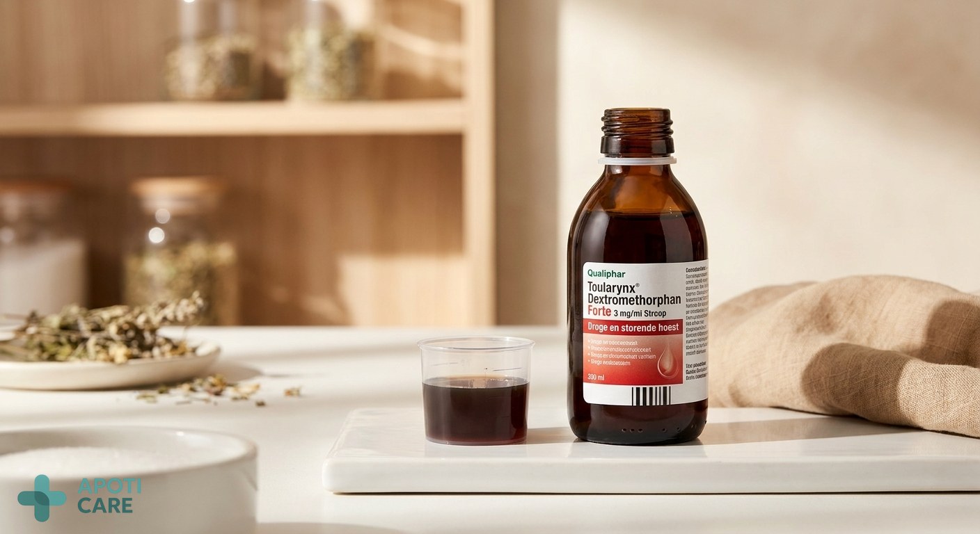 A brown medicinal glass bottle of syrup on a clean white surface with a measuring cup next to it, minimalist pharmacy setting.