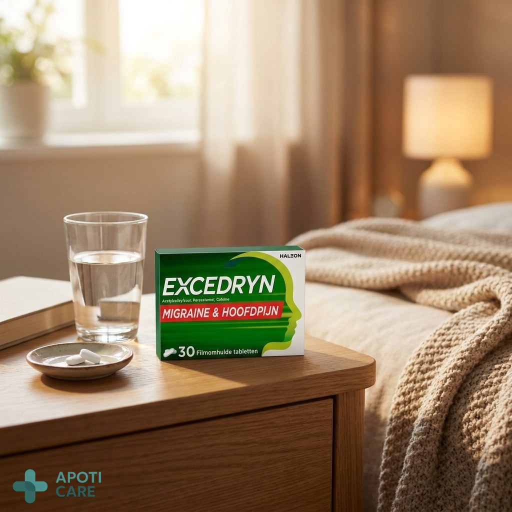 A box of Excedryn placed neatly on a nightstand next to a glass of water, emphasizing a clean, premium, and professional pharmaceutical context.