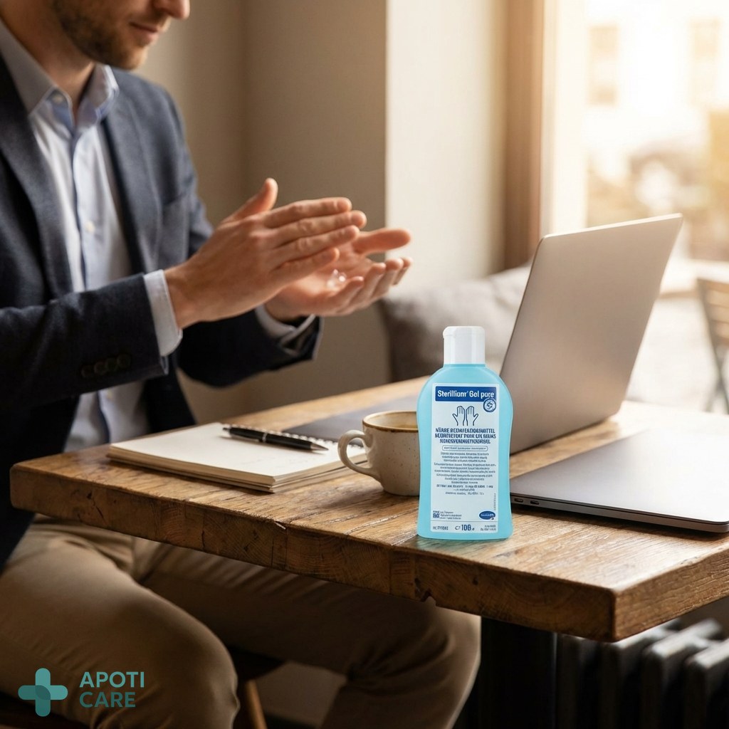 A person in business casual attire discreetly using hand sanitizer gel in a modern cafe setting