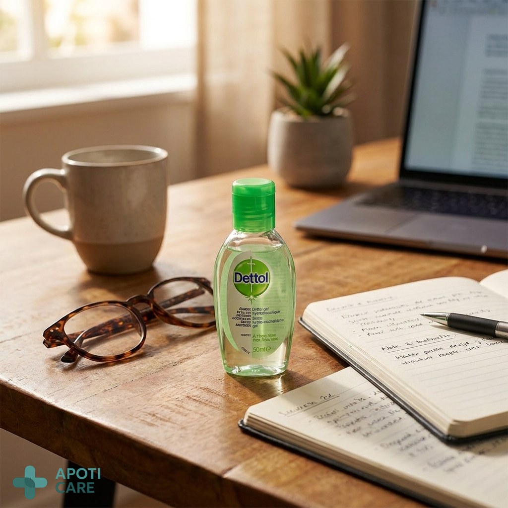A small bottle of Dettol Aloe Vera gel placed on a wooden table next to a pair of glasses and a notebook, suggesting a work-life balance.