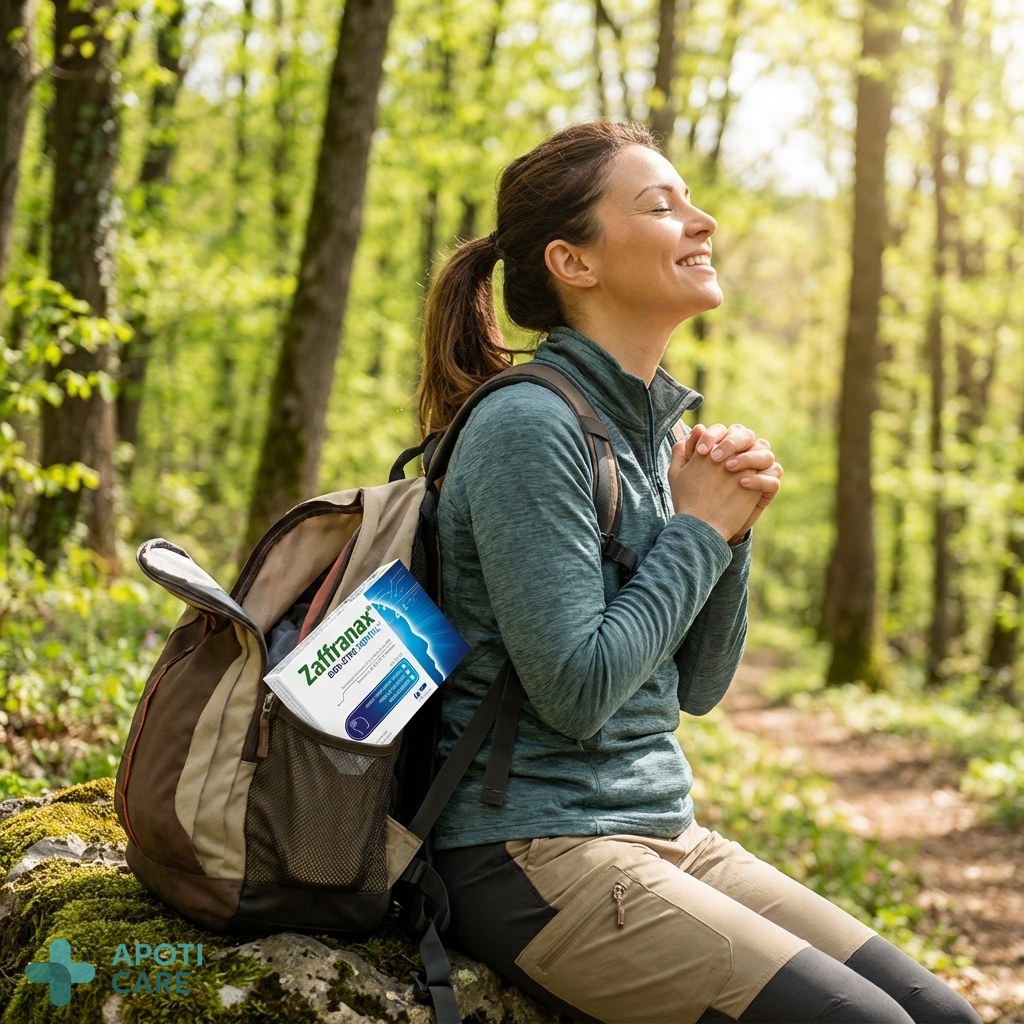 A person hiking in a green forest during spring, breathing deeply, showing vitality and a connection with nature.