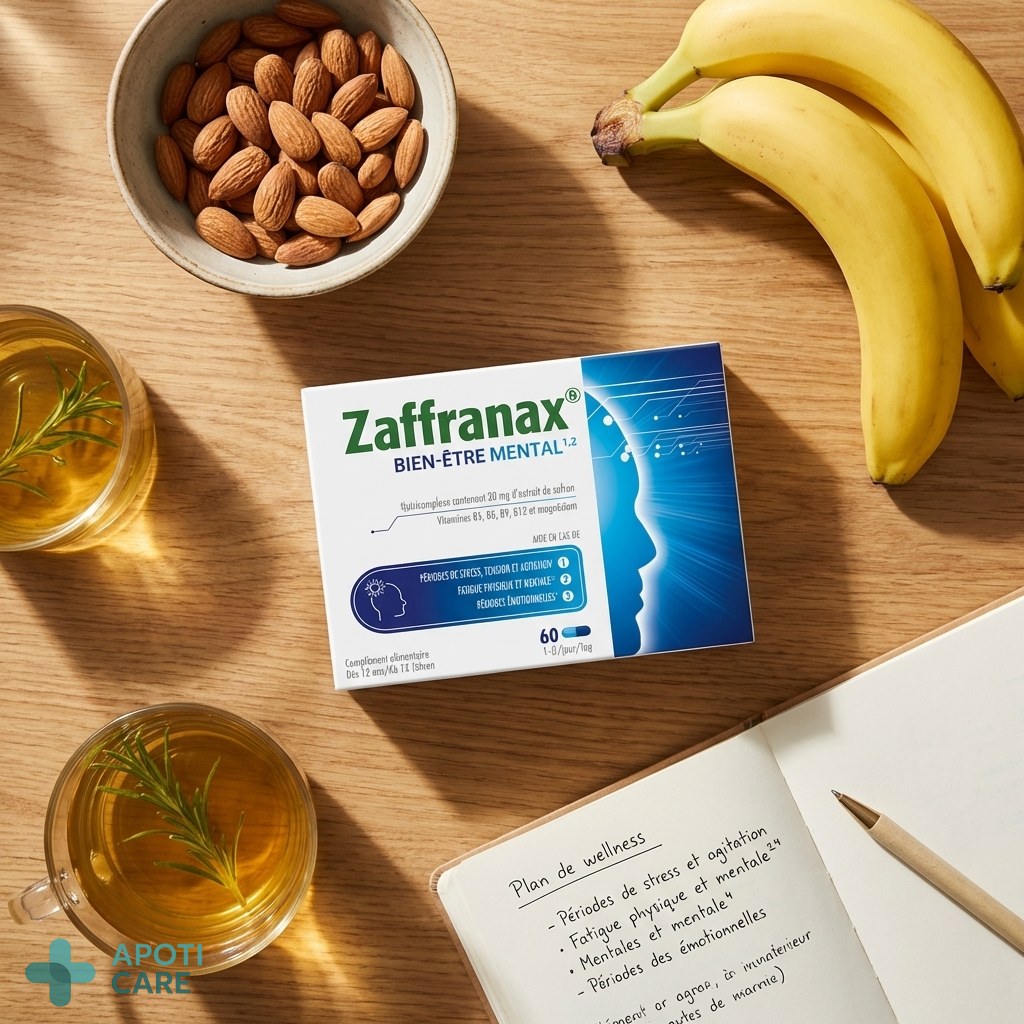 A flatlay of healthy food items like almonds, bananas, and a cup of herbal tea next to a notebook, bright and airy atmosphere