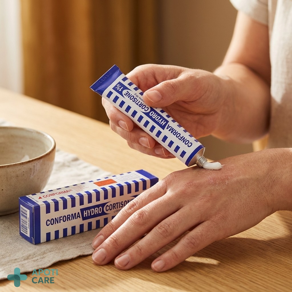 Close-up of a tube of cream being applied to a dry patch on a hand, soft focus, professional and clinical aesthetic.
