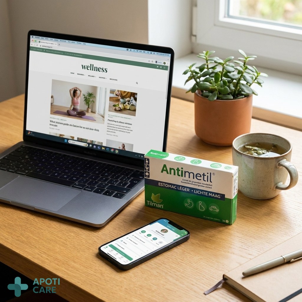 A small packet of Antimetil tablets next to a laptop and a smartphone on a clean office desk, symbolizing wellness at work, realistic photography style