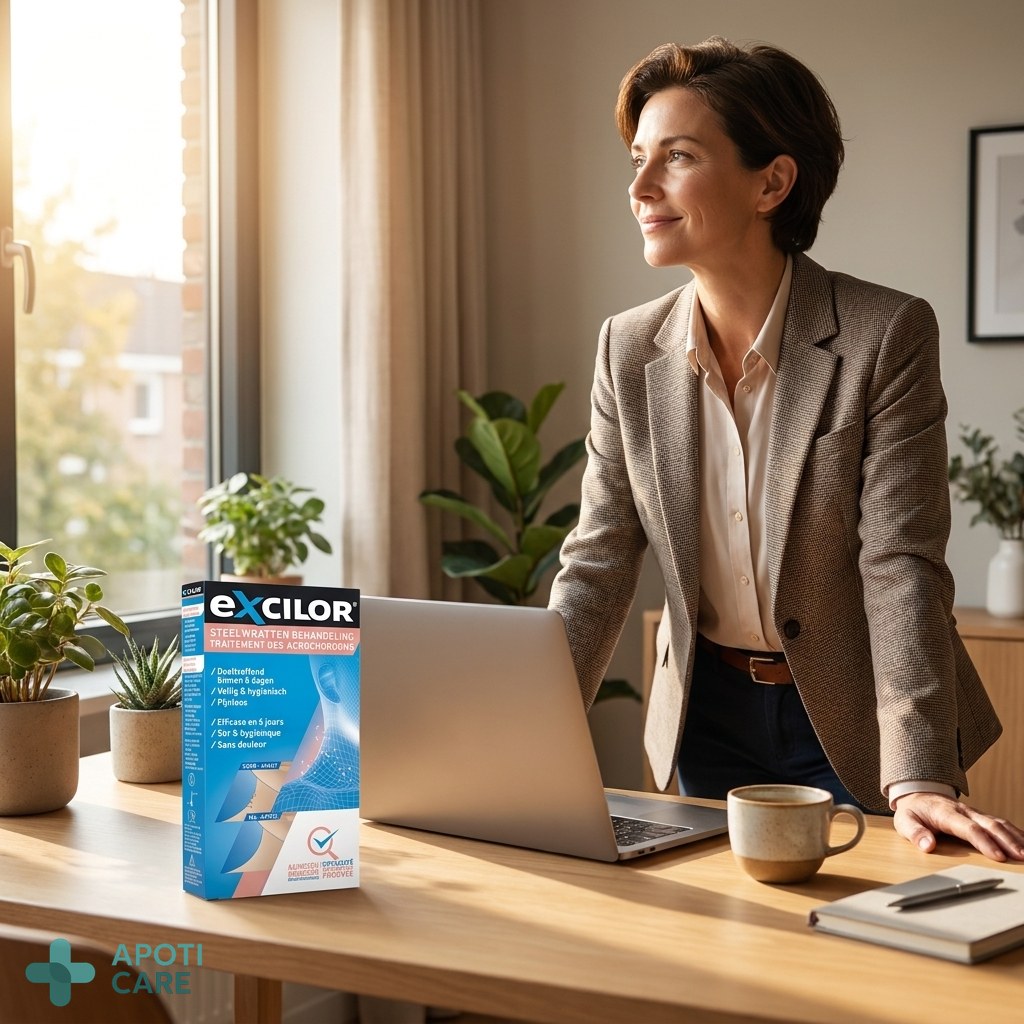 A person in business casual attire, standing by a window with a laptop, looking revitalized, reflecting a successful 