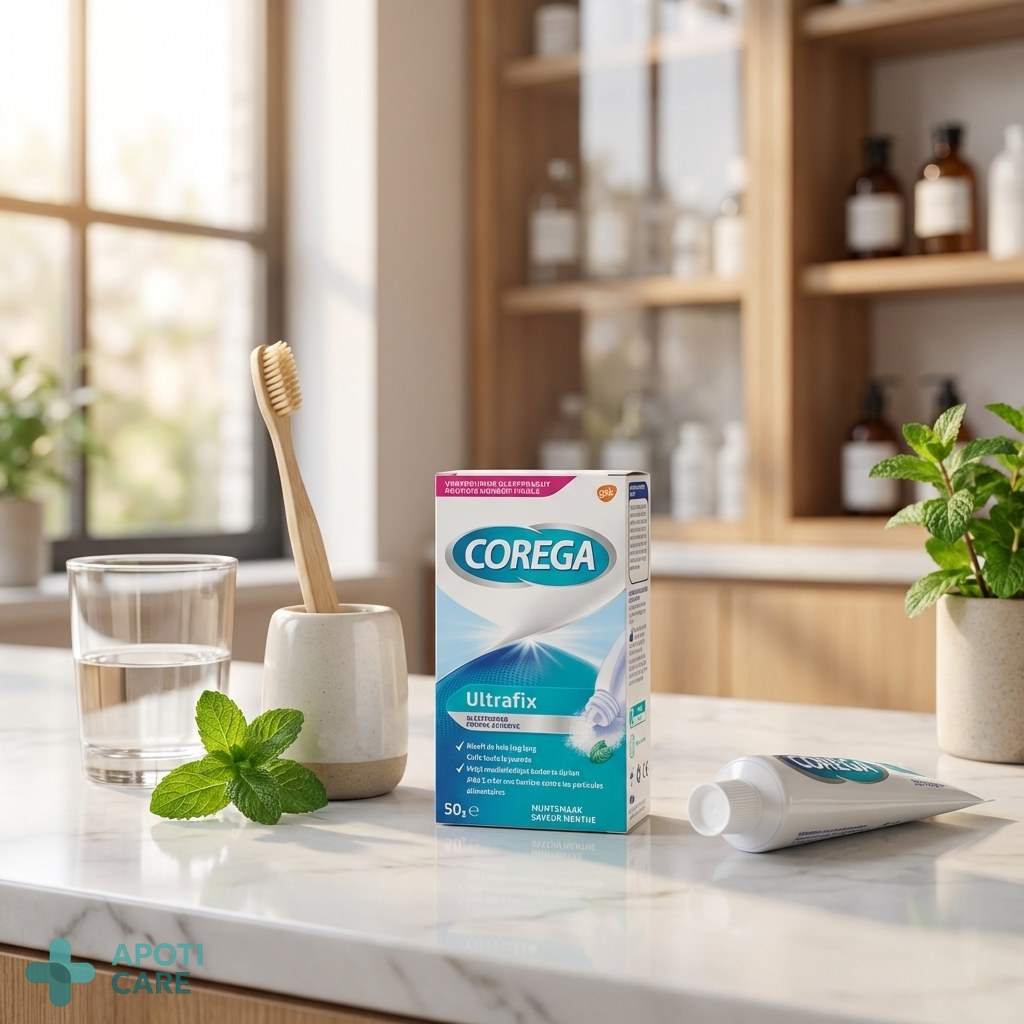 A clean, high-end display of oral care products on a marble surface, representing a premium pharmacy aesthetic.