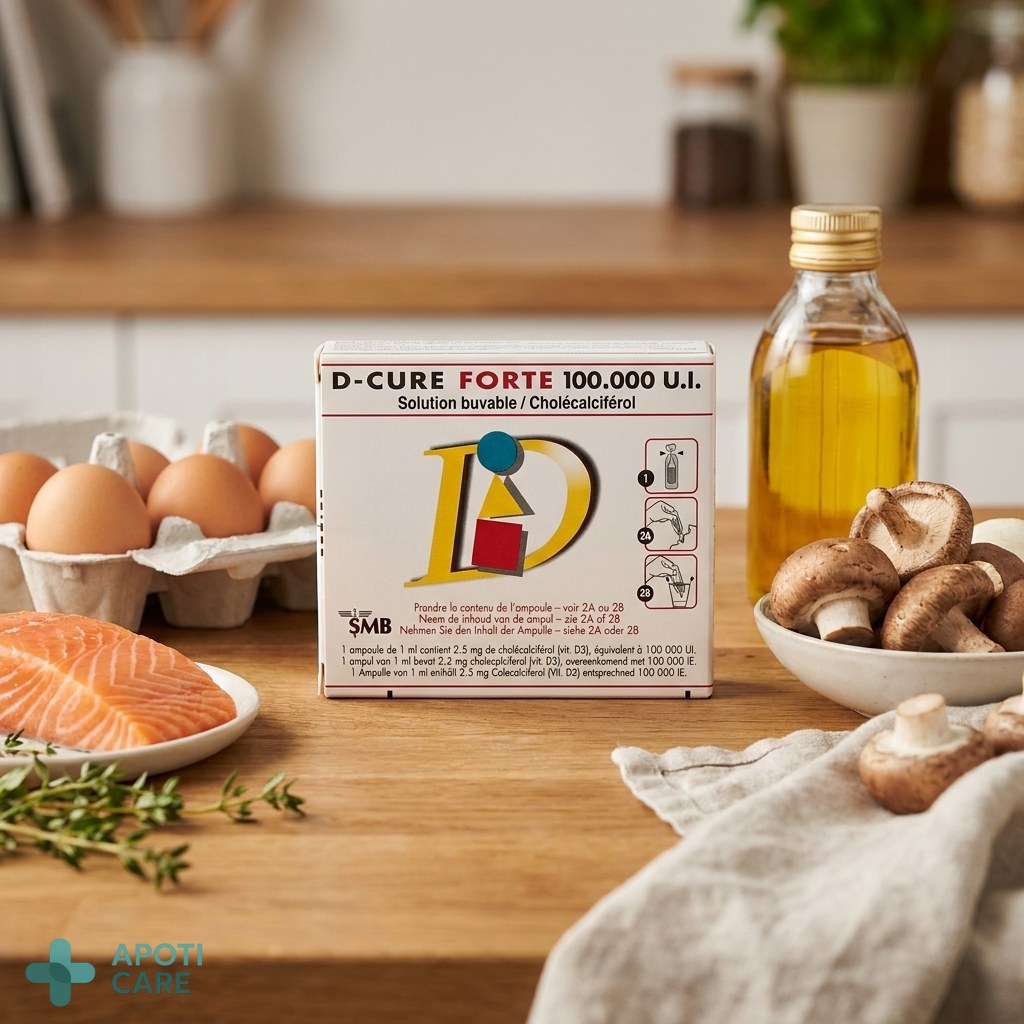 A flat lay of healthy foods like eggs, fatty fish, and mushrooms arranged aesthetically on a kitchen counter