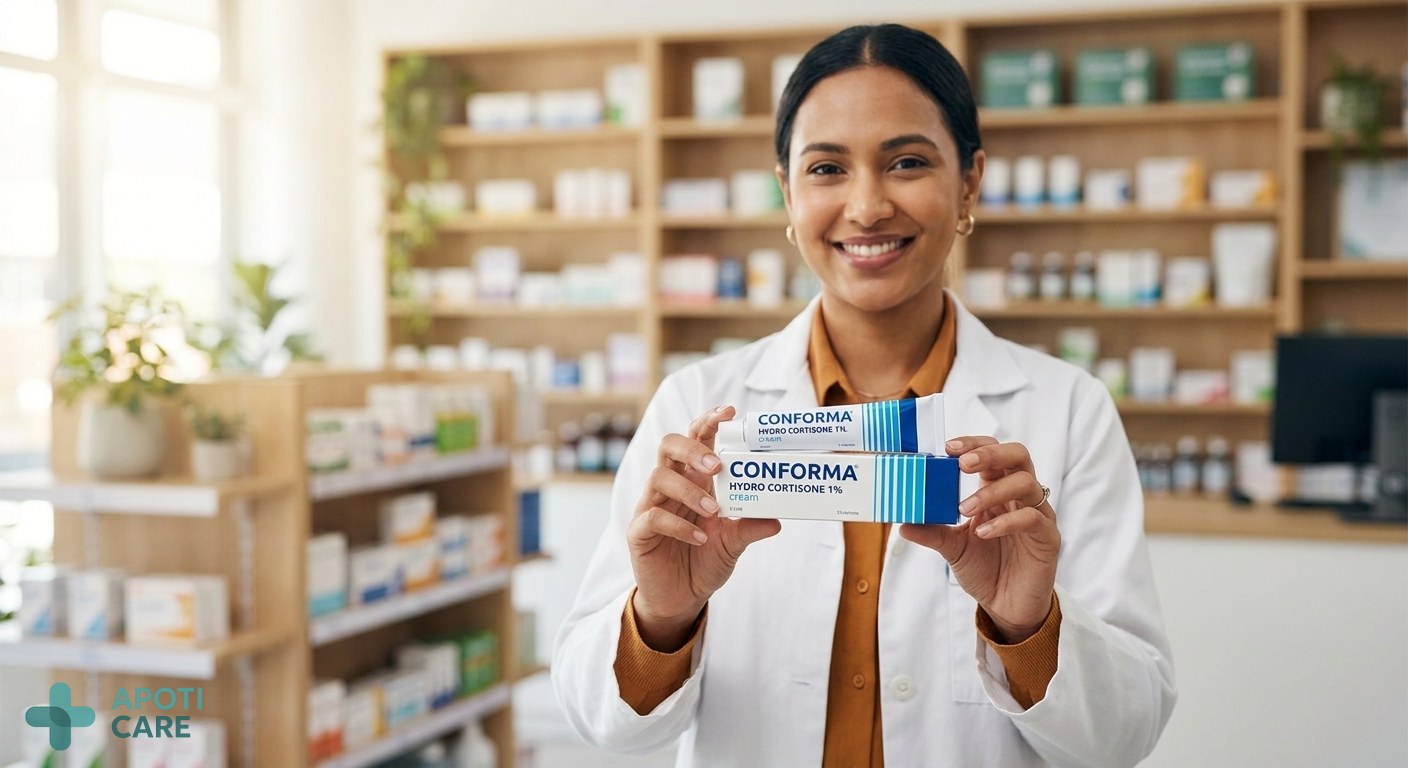 A professional pharmacist in a modern pharmacy setting, smiling and holding a tube of cream, representing expertise and trust.