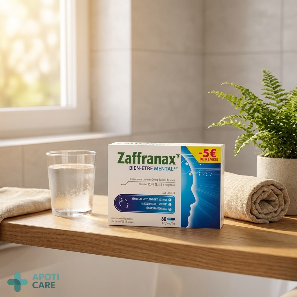 A pharmaceutical bottle on a clean, modern bathroom shelf with a glass of water nearby, soft morning light.