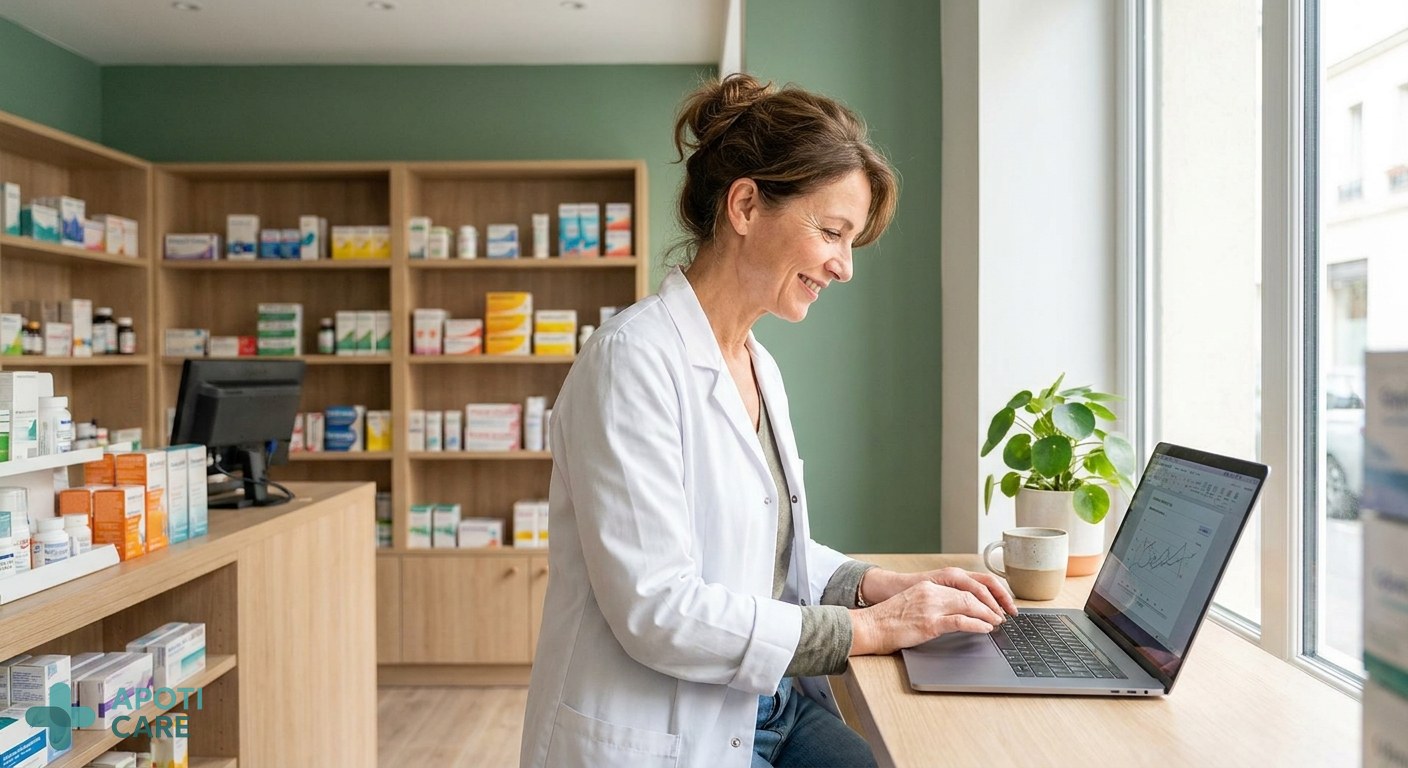 A professional pharmacist in a clean, modern pharmacy setting, smiling warmly while looking at a laptop screen, emphasizing expertise and care.