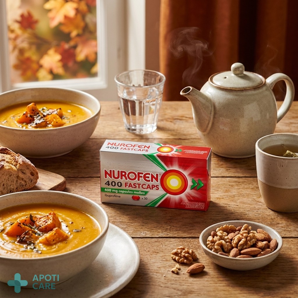 A healthy autumn meal on a wooden table with a glass of water, a teapot, and nuts, with blurry autumn leaves in the background.