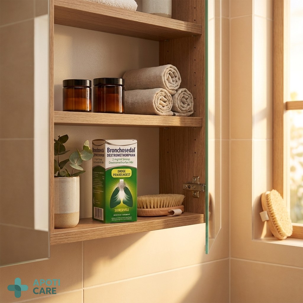 A medicine cabinet in a modern bathroom, organized and clean, highlighting a bottle of syrup, soft morning light, realistic photography style
