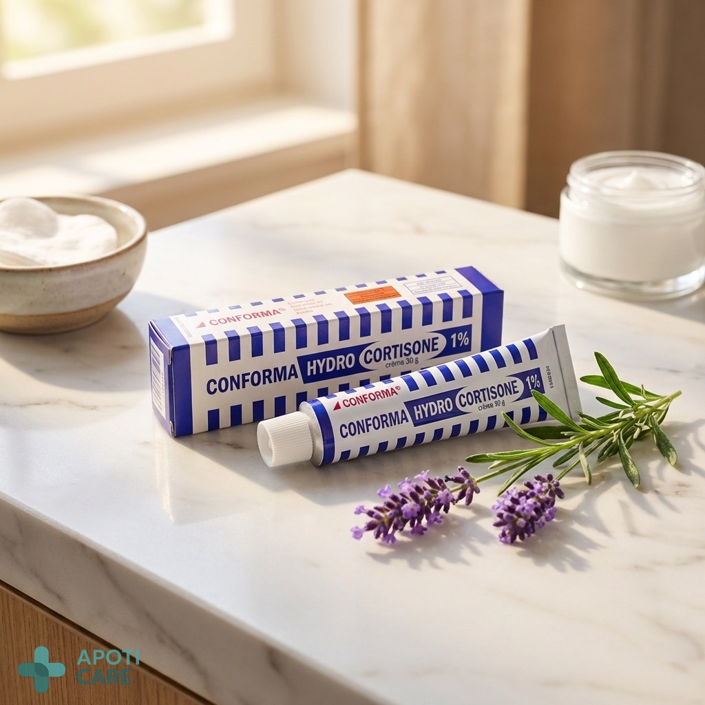 A pharmaceutical tube of cream on a white marble surface next to a sprig of lavender, representing purity and care.